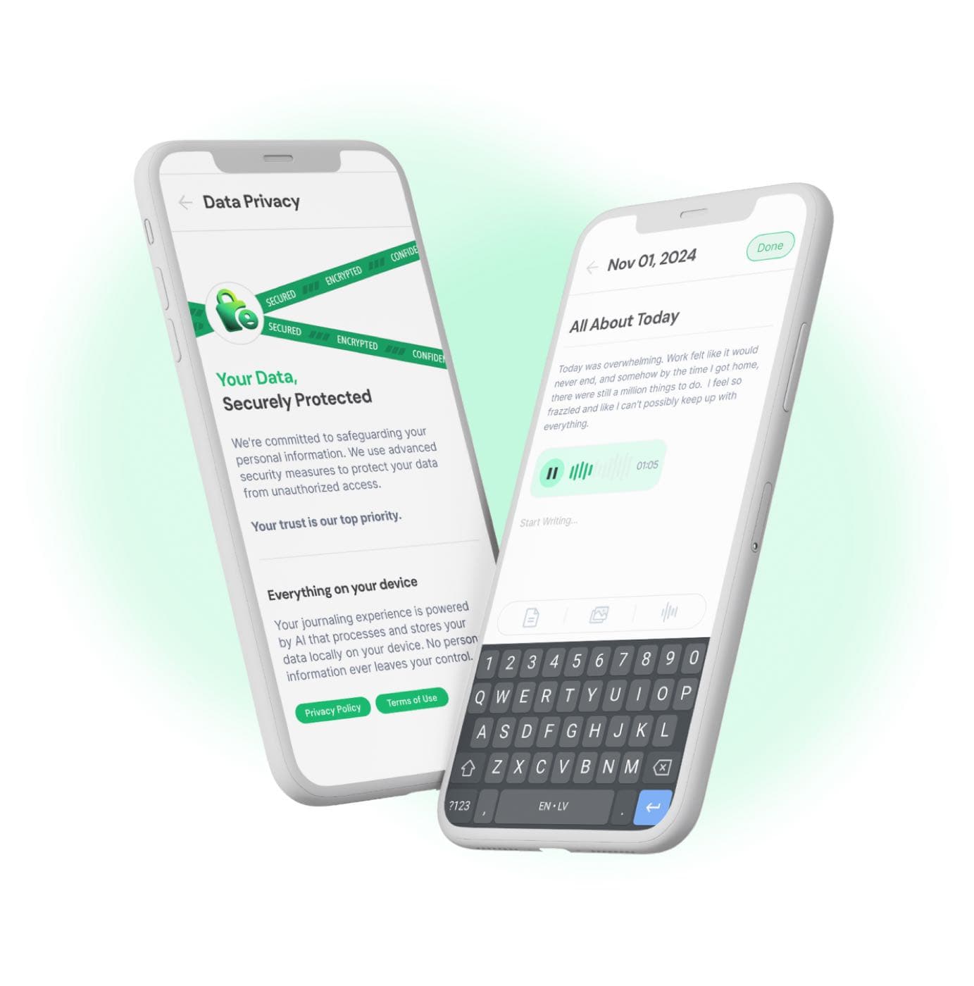 Mirror Connect mobile app interface with journaling and reflection tools