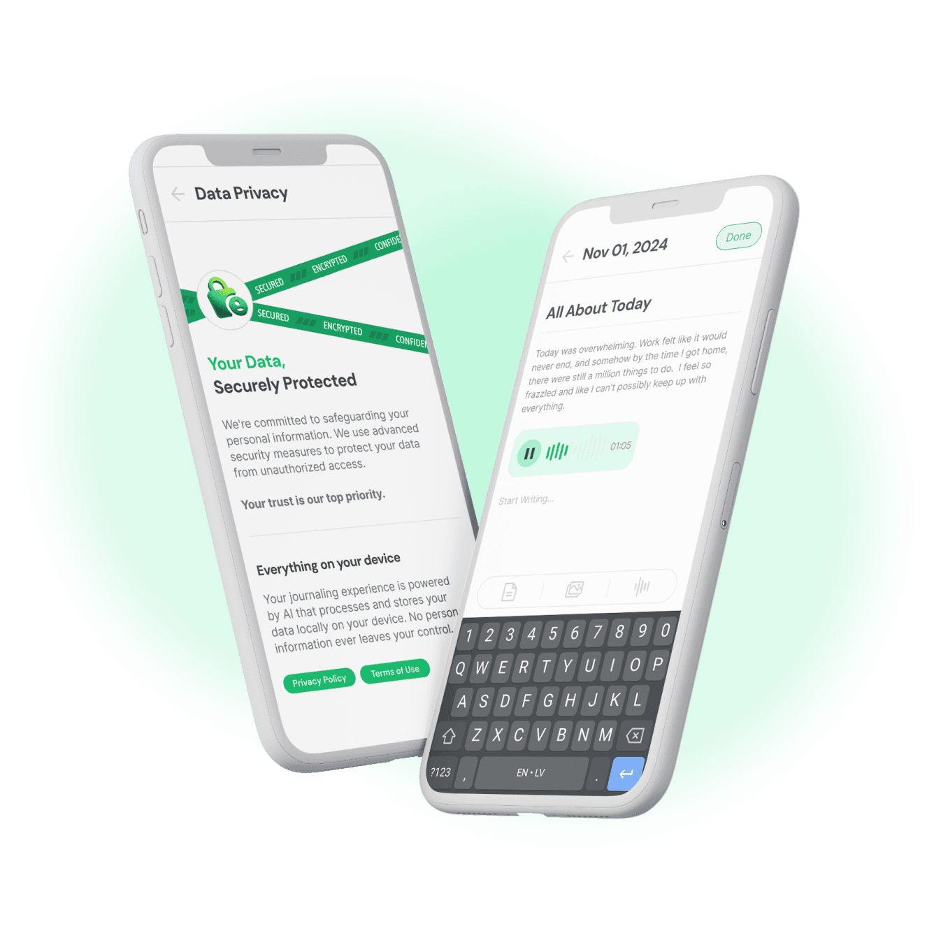Mirror Connect mobile app interface with journaling and reflection tools